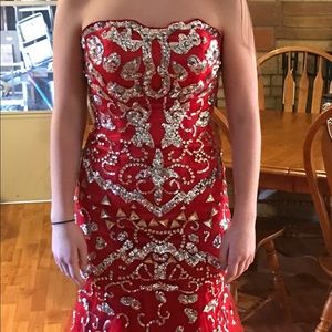 Royal Queen red beaded full length strapless gown